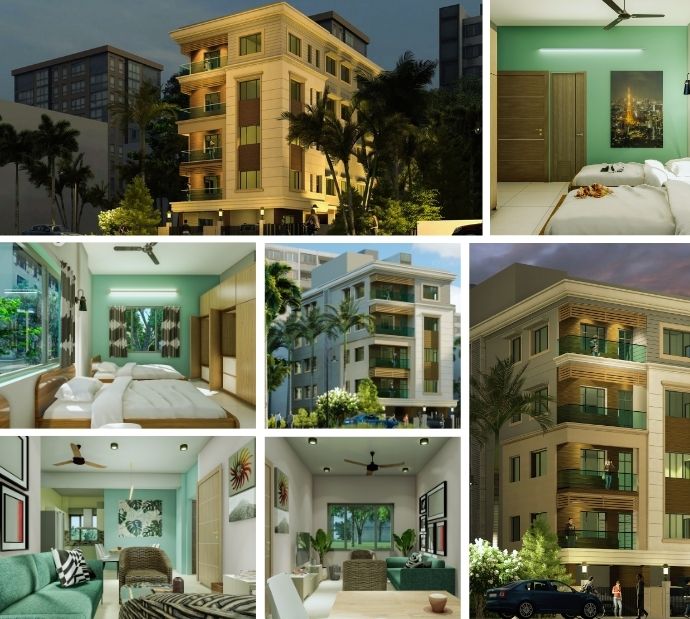 Collage of premium apartment interiors and amenities by BS Group