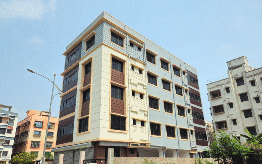 Corner elevation of BS Nest apartment building by BS Group Best Developers in Kolkata